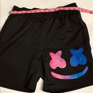 Woman’s Black Shorts with Colorful Smiley Design and pockets.